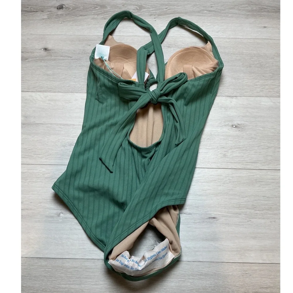 Kona Sol Ribbed O-Ring One Piece Swimsuit Women Size M Green New With Tags